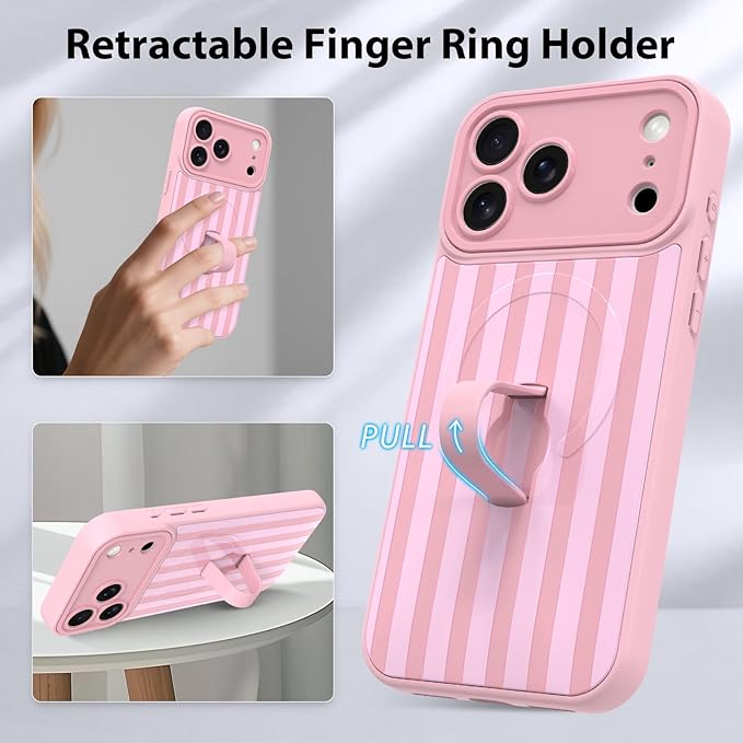 KANGHAR Compatible with iPhone 17 Pro Case, Support for MagSafe, Silicone Stripes Cute Pattern, Wristband Kickstand Camera Protection Soft Slim Cover for Girls Women -Pink