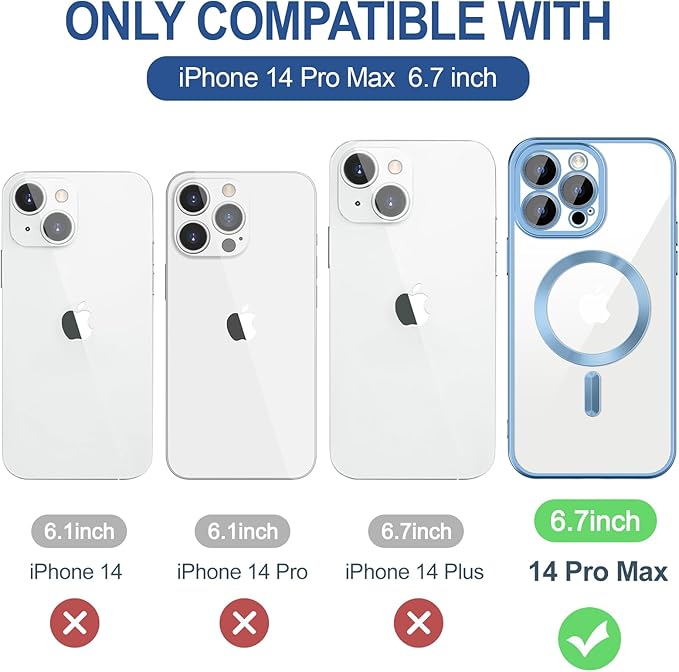Hython Magnetic Clear for iPhone 14 Pro Max Case with Camera Lens Protector [Compatible with MagSafe] Plating Edge Slim Soft TPU Cover Protective Phone Case for 14 Pro Max 6.7", Matte Light Blue