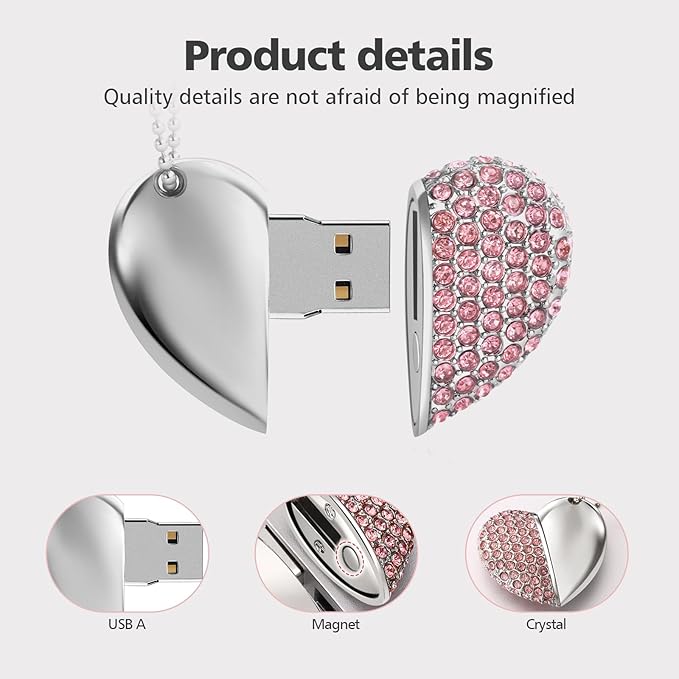 USB 2.0 Flash Drive,Cute Romantic Heart Shape USB Memory Stick,Thumb Drive for Photos, Music, Files Storage (Pink, 64, GB)