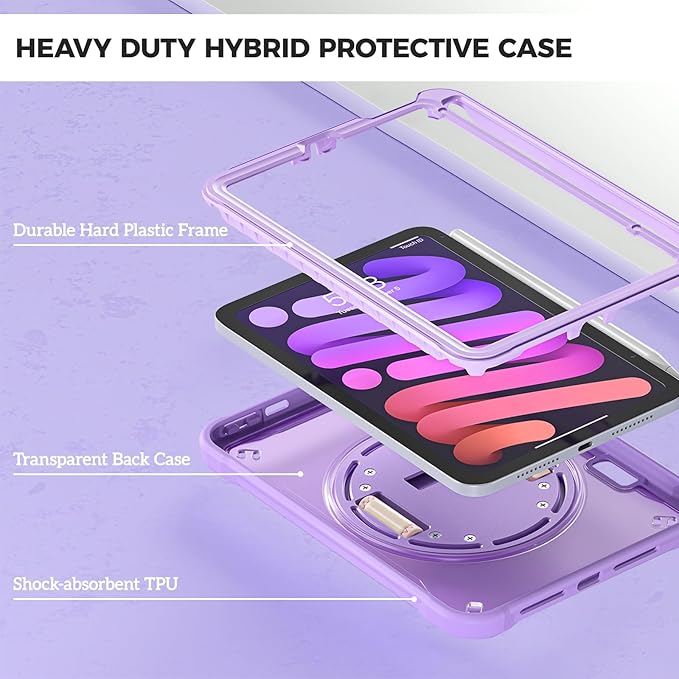 ProCase Rugged Case for iPad mini 7th(A17 Pro) 2024 / 6th Generation 8.3" 2021, Heavy Duty Shockproof Rugged Cover with Hand Strap 360 Degree Rotatable Kickstand Protective for iPad mini 8.3 -Purple