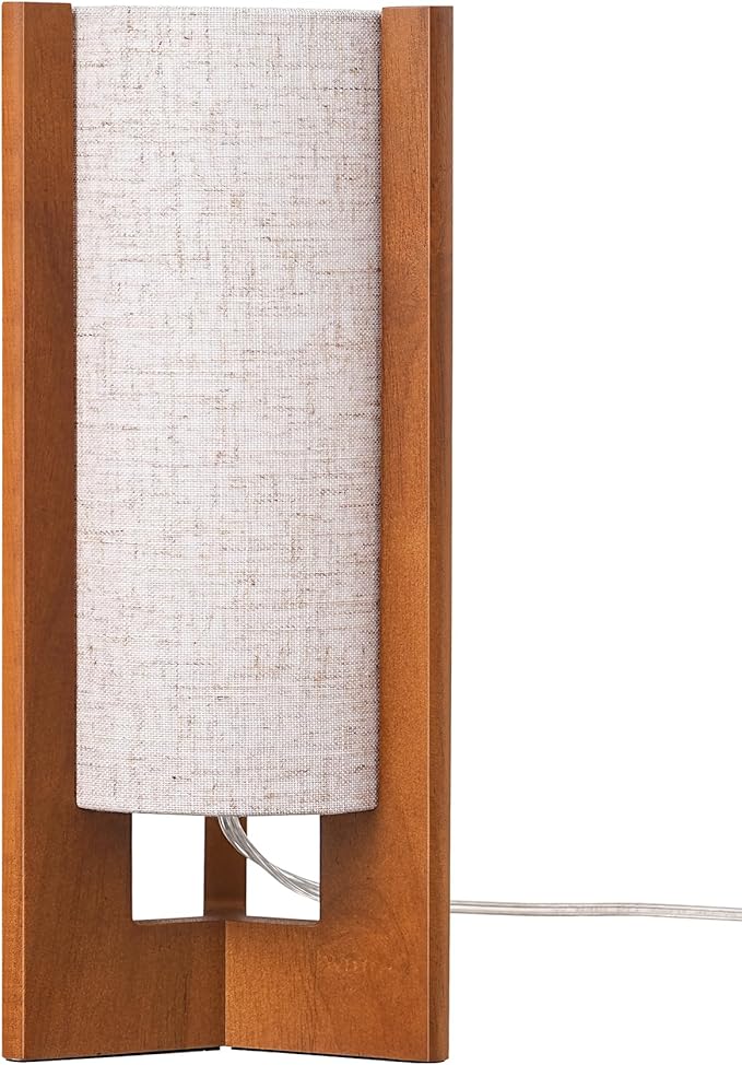 EDISHINE 13.5" Small Table Lamp, Walnut Wood Cylinder Nightstand Lamp for Bedroom, Beige Linen Shade, Corner Modern Bedside Lamp for Living Room, On-Off Line Switch, E26 Base (Bulb Not Included)