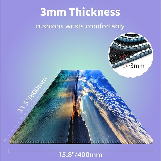 Large Gaming Mouse Pad (31.5" x 15.8")- Maldives Islands Paradise Majestic Tranquil Ocean Scene Mirrored Waters Overcast Clouds, Extra XXL Office Decor, Premium Stitched Anti-Slip Desk Mat