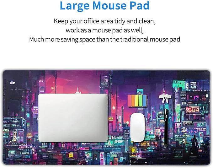 Retro Japanese Anime Gaming Mouse Pad Extended Cool Dark Purple Red Vaporwave City Large Desk Mat Big Mousepad Non-Slip Rubber Base Stitched Edge Long Desk Pad for Desktop Computer,40×20 Inch
