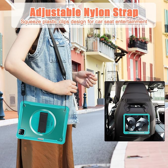 Batianda Case for iPad Pro 11-inch 2022 4th M2 Chip /2021 (3rd Generation) Heavy Duty Rugged Shockproof Tablet Cover with 360° Rotating Hand Strap Foldable Hidden Stand & Shoulder Strap, Blue