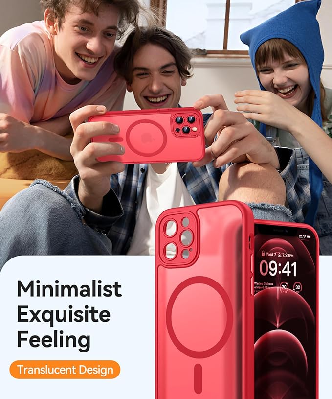 CANSHN Magnetic Compatible with iPhone 12 Pro Max Case, Upgraded [Full Camera Protection] [Compatible with Magsafe] [Translucent Matte] Shockproof Protective Phone Cover 6.7 Inch - Red