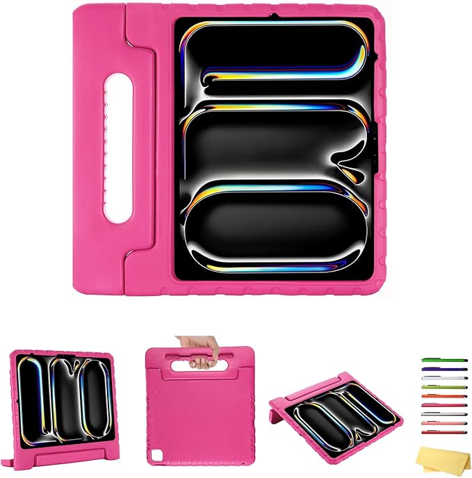 for iPad Air 13-inch Case M3/M2 (2025/2024) for Kids with Pencil Holder/Kickstand, Anti-Slip Handle Stand Lightweight Soft EVA Foam Shockproof Rugged Bumper Tablet Protective Cover, Rose