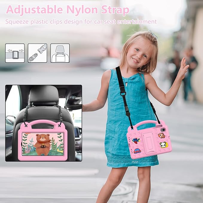 AKABEILA Compatible with ONN 10.1(4th Gen, 2024)/Teclast M50 HD 10.1/Teclast M50 Pro 10.1(2023)/Blackview Tab 80 10.1(2023) Tablet Case, Case with Shoulder Strap Handle & Pen Tray, Pink