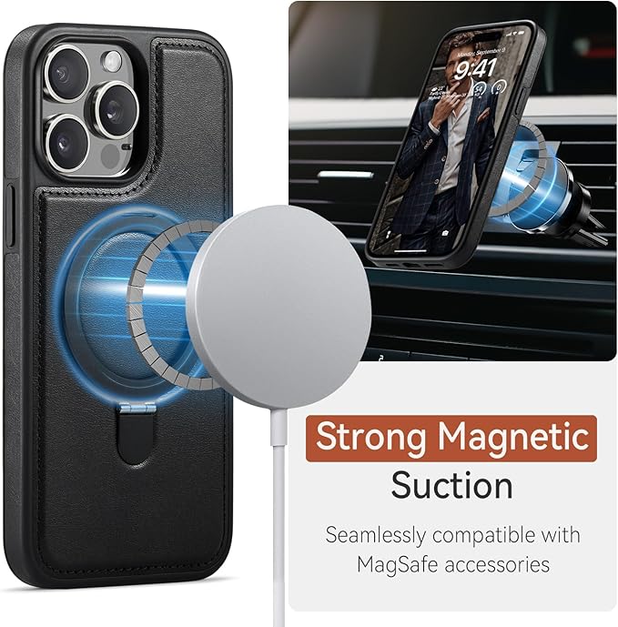 Compatible with iPhone 14 Pro Case with Stand, Compatible with MagSafe, Slim PU Leather & Durable TPU Protective Cover Drop-Proof with Tempered Glass Screen Protector 6.1", Black