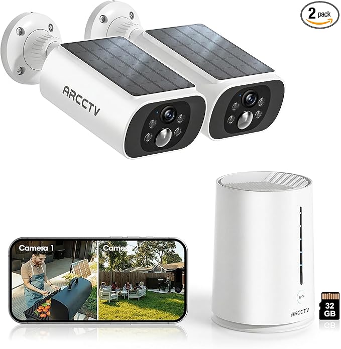 ARCCTV Solar Security Cameras Wireless Outdoor, No Monthly Fee, 2-Camera Bullet Home Security System with Base Station, 2K Video, Local Storage, Color Night Vision, Active Siren