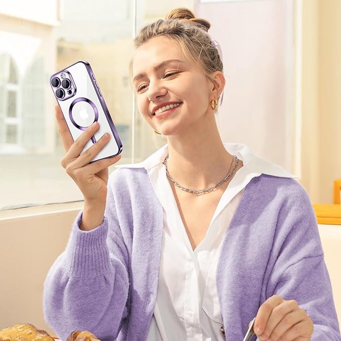 Hython Magnetic Clear for iPhone 15 Pro Max Case with Camera Lens Protector [Compatible with MagSafe] Plating Edge Slim Soft TPU Cover Protective Phone Case for iPhone 15 Pro Max 6.7", Deep Purple