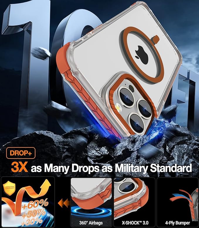 DEERLAMN Strong Magnetic Case for iPhone 13 Pro 6.1-Inch,[Compatible with Magsafe][Military-Grade Protection] Clear Slim Shockproof Protective Phone Cover for Women Men-Transparent+Orange