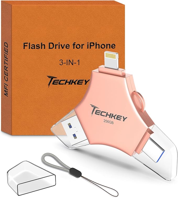 USB 3.0 Flash Drive for iPhone 256GB: MFi Certified 3in1 External Memory Photo Keeper Storage Stick for Picture/Video/Data Saver/Backup High Speed Thumb/Jump/Hard Drive for iPad/Android/PC -Rose Gold