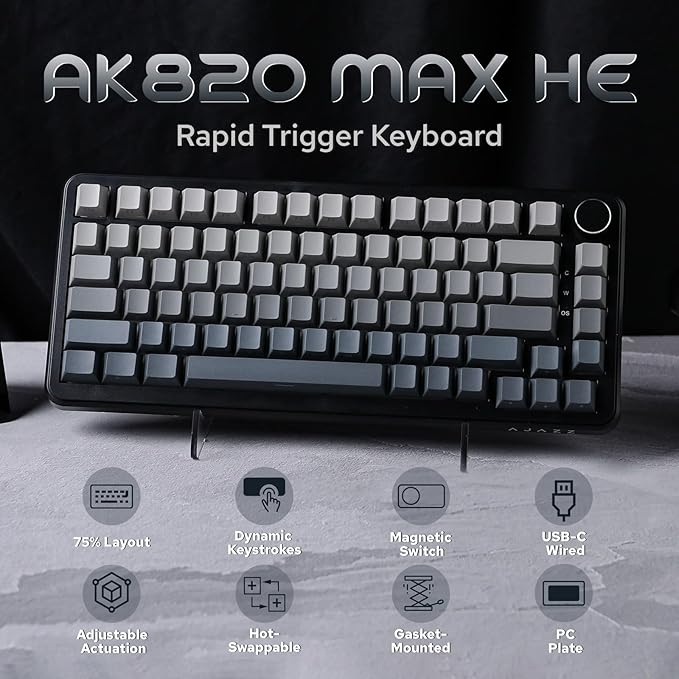 MechLands AJAZZ AK820 MAX HE Hall Effect Magnetic Gaming Keyboard, Adjustable Actuation, 8KHz Polling Rate, Wired Rapid Fast Keyboard, Creamy Gasket, RGB Backlight, NKRO for Win/Mac (Gradient Grey)