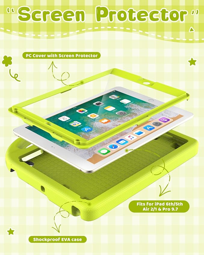 Kids Case for iPad 5th/6th Generation (9.7-inch, 2017/2018), iPad Air 2/Pro 9.7 Case with Screen Protector, Durable Shockproof Lightweight Cover with Handle/Stand for Kids, Light Yellow