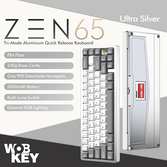 KEEBMONKEY WOBKEY Zen 65 65% Quick Release Wireless Mechanical Keyboard with RGB, CNC Aluminum Case, Hot-Swappable, VIA Support, BT/2.4G/USB-C Gaming Keyboard for Mac/Windows (Ultra Silver)