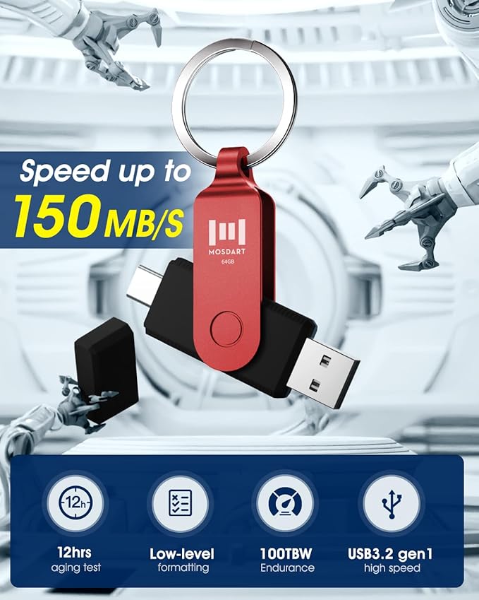 MOSDART 64GB USB C 3.2 Fast Speed C and A Dual Flash Drive, exFAT Memory Stick with Keychain and LED Indicator, for iPhone 15,16,17, Android Phone, iPad, MacBook, and Other Laptops, Red