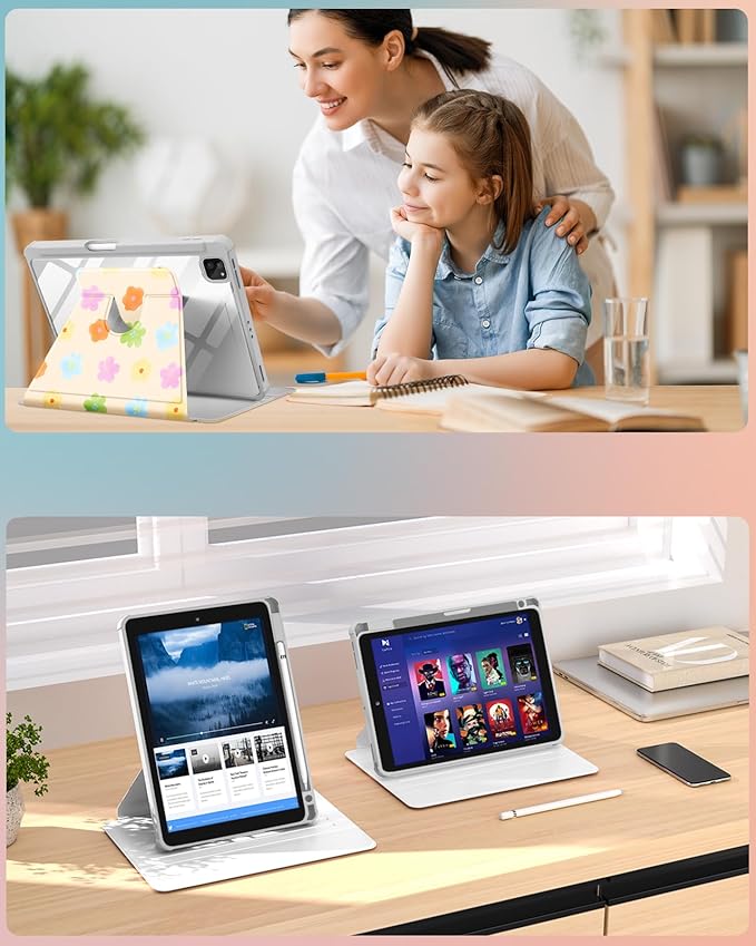 Uppuppy for iPad Air 11 inch Case(Air M4 2026, 8th Gen/M3 2025/M2)/Air 5th/4th Gen 10.9", for iPad Pro 11 inch Case(4th/3rd/2nd/1st Gen) - 360 Rotating Smart Folio Cover with Pencil Holder, Flowers