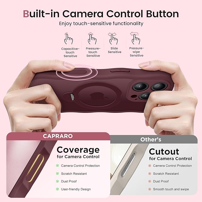 CAPRARO for iPhone 16 Pro Max Case with 360° Spin Magnetic Stand for Women, [Compatible with MagSafe] [Full Camera Protection] Cute Wave Translucent Matte Case for iPhone 16 Pro Max, Wine Red