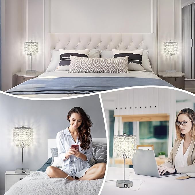 Crystal Table Lamp Set of 2 Touch Control, Crystal Lamps with USB Ports Elegant Shade Bedside Lamp Silver, Dimmable Touch Table Lamp for Nightstand Bedroom Living Room, 4W LED Bulb Included