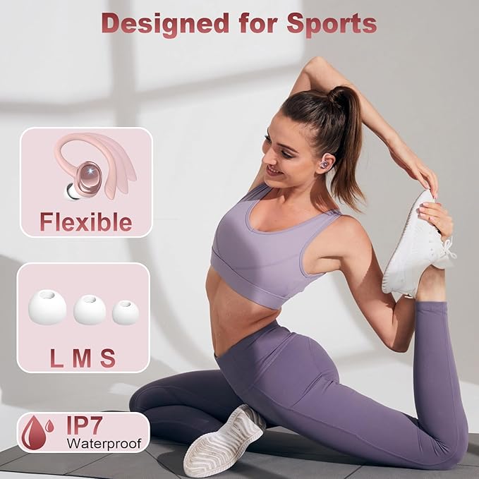 Hupoaf Wireless Earbuds Sport, New Bluetooth 5.4 Headphones with Earhooks, 50H Stereo Deep Bass Over Ear Buds with 4 ENC Noise Canceling Mics, IP7 Waterproof Earphones for Running Workout Gym -Rose