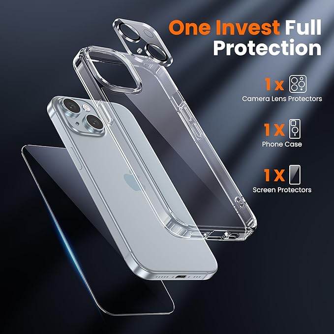 toushion 3 in 1 for iPhone 15 Case Clear,[Yellowing-Resistant Acrylic Back] Screen Protector *1 & Camera Lens Protector*1, Shockproof for iPhone 15 Phone Case 6.1 inch Clear