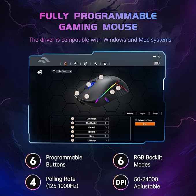 FFJ Wireless Gaming Mouse, 24000 DPI, Tri-Mode 2.4G/USB-C/Bluetooth 5.3 Gaming Mouse Wireless, RGB Programmable Mouse Gamer, 75Hrs Battery Life, Rechargeable Gaming Mice for PC, Mac, Black
