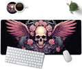 Large Mouse Pad, 31.5 x 11.8in Extended Gaming Mouse Pad with Stitched Edges, XXL Mousepad Protector Non Slip Rubber Base for Office Home Writing Mat, Wings, Pink Roses & Skulls Pattern Black Desk Mat
