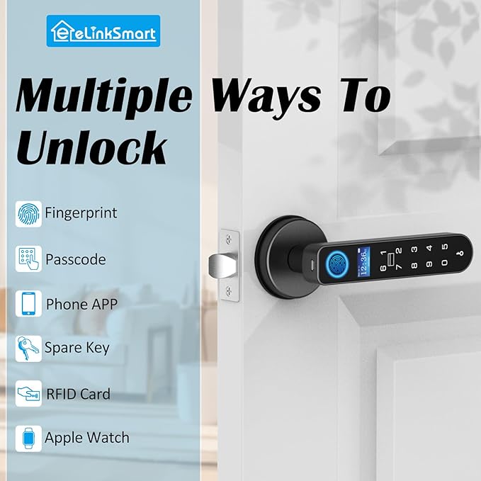 Fingerprint Keyless Entry Bedroom Door Lock with Code RFID Card NFC APP Keypad, Smart Biometric Automatic Interior Door Handle with Lock for Indoor Hotel Pantry Apartment Office Home, Black