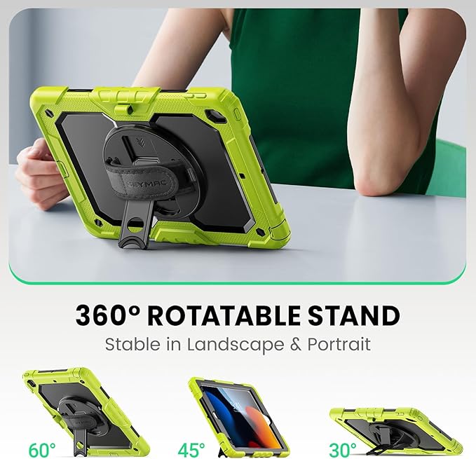 SEYMAC Case for iPad 9th/8th/7th Generation 10.2 inch 2021-2019, Heavy Duty Protective Shockproof Case with Screen Protector, Rotating Stand/Handle/Shoulder Strap for iPad 10.2, Green