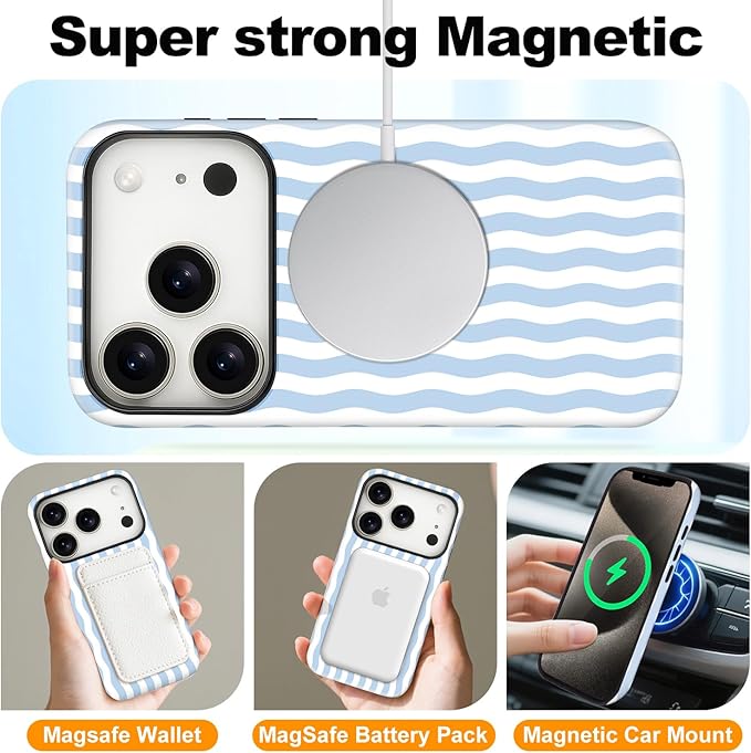 Magnetic for iPhone 17 Pro Case Cute Wavy Stripes Phone Case, Shockproof Slim TPU and Hard PC Protective Phone Cover Compatible with MagSafe Designed for Women Girls, Blue