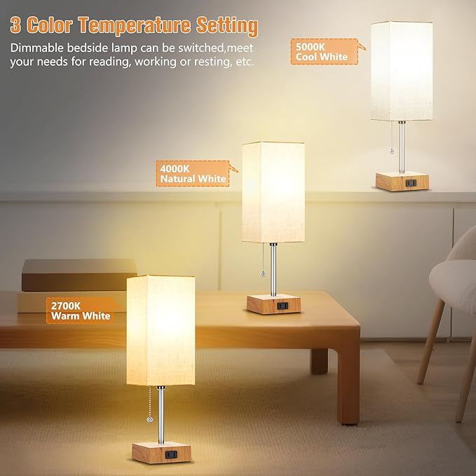 PLMMY Bedside Table Lamps for Bedroom Nightstand, Bedroom Lamp with 3 Color Temperatures Nightstand Lamps Set of 2 with AC Outlets, Square Pull Chain Bedside Lamp for Living Room, Home Decor