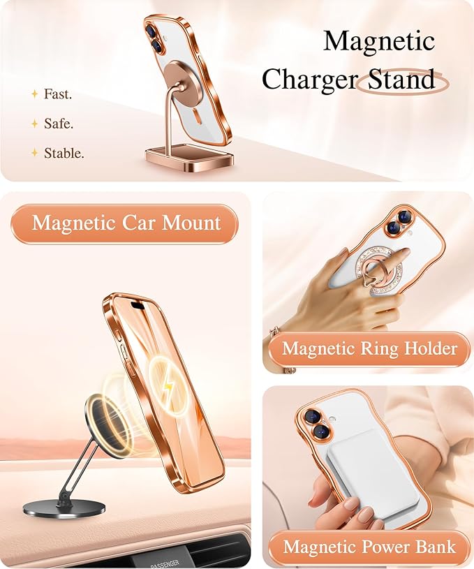 GVIEWIN for iPhone 17 Case Compatible with MagSafe, Upgraded [Full Camera Protection][Cute Wave Frame][Military Grade Protection] Electroplated Hard Phone Cover for Women Girl, Clear/Orange