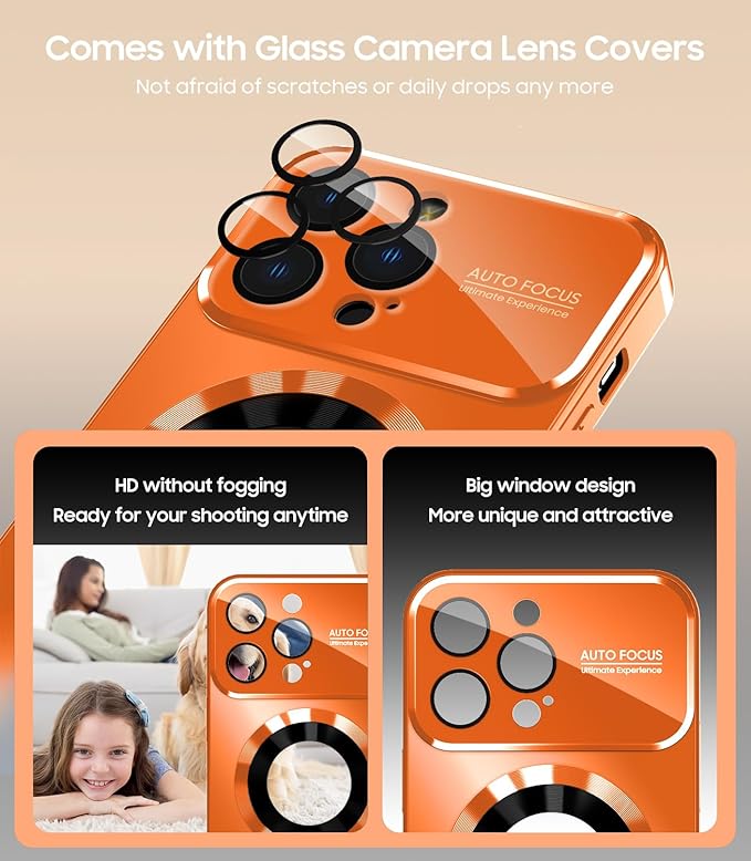 MAKAVO Magnetic for iPhone 13 Pro Max Case, Compatible with MagSafe, Built-in Camera Lens Protector, Logo View, Military Grade Drop Proof Phone Case Cover, Orange