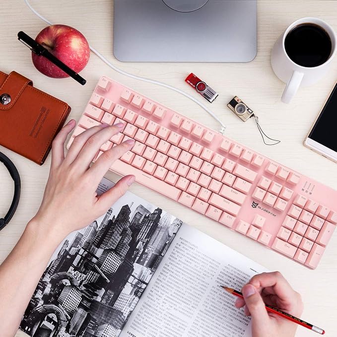 Merdia Full Size Wired Mechanical Gaming Pink Keyboard | Blue Switch 104 Keys US Layout Full Size Pink PC Gaming Keyboards | Hot Swappable LED Backlit Light Up Wired Mechanical Computer Keyboards