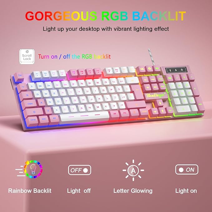 BlueFinger RGB Gaming Keyboard and Backlit Mouse Combo, USB Wired, LED Gaming Set for Laptop PC Computer Game and Work (Pink & White)