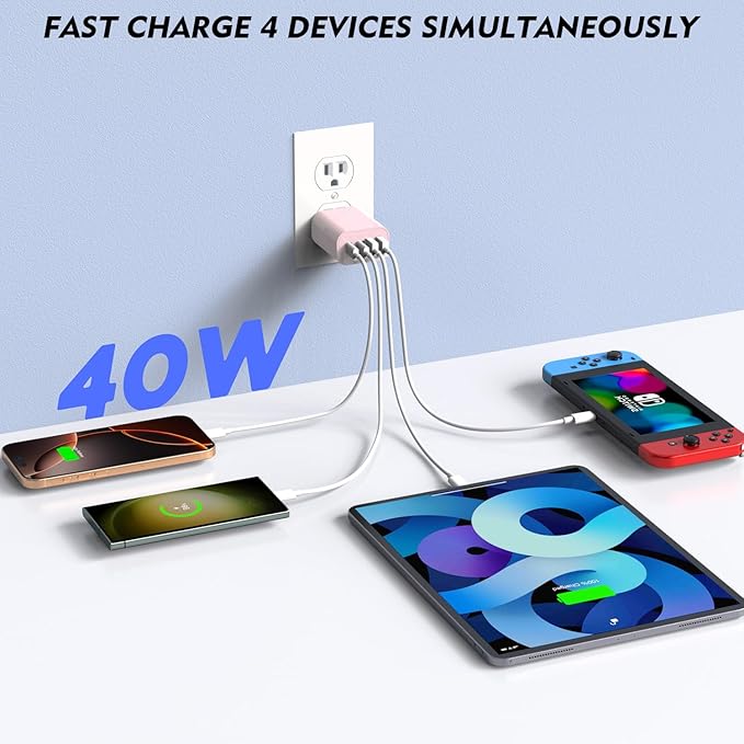 3Pack 4-Port USB C Fast Charging Block,40W iPhone 16 Charger Adapter for PD Power Adapter & QC Wall Plug,Multiport USB C Charging Block Apple Cube for iPhone 17/17 Pro/Air/16/15 Pro Max/14/13/12(Pink)