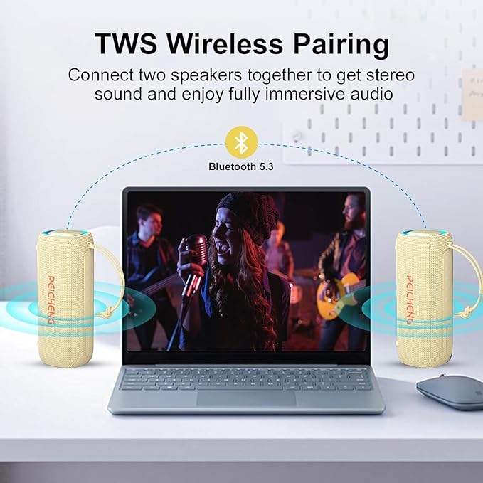 PEICHENG Bluetooth Speaker, Portable Wireless Clear Loud Stereo Sound IPX5 Waterproof with RGB Lights BT5.3 Long Playtime TWS Pairing,for Home Party Outdoor Beach,Great Gift Choice (Beige)