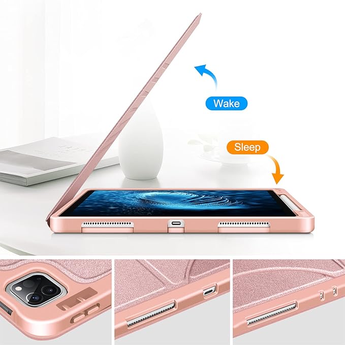 CaseBot Magnetic Case for iPad Pro 12.9-inch 6th Generation 2022, Multiple Angle Shockproof Rugged Stand Case, Soft TPU Back Cover w/Pencil Holder, Also Fit iPad Pro 12.9" 5th/4th/3rd Gen, Rose Gold