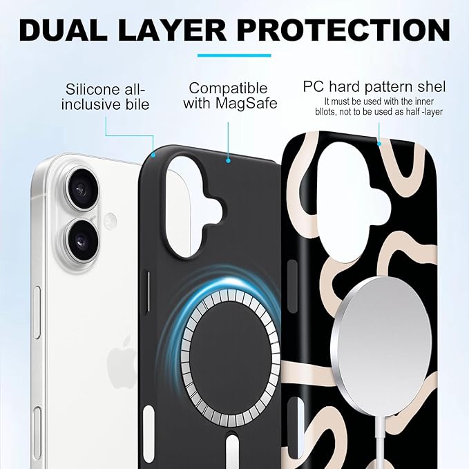 Magnetic for iPhone 17 Case Cute Curved Stripes Phone Case, Shockproof Slim TPU and Hard PC Protective Phone Cover Compatible with MagSafe Designed for Women Girls,Black