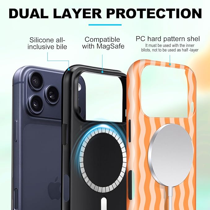 Magnetic for iPhone 17 Pro Case Cute Wavy Stripes Phone Case, Shockproof Slim TPU and Hard PC Protective Phone Cover Compatible with MagSafe Designed for Women Girls, Orange