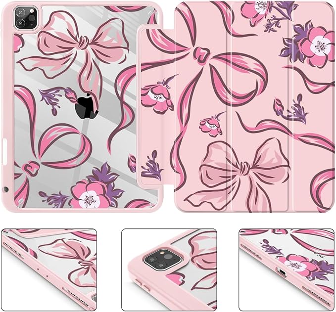 Mektron Case for iPad Pro 11 inch (4th, 3rd, 2nd & 1st Gen) 2022 2021 2020 2018, Buit in Pencil Holder with Shockproof Cover Clear Shell + Auto Wake/Sleep, Flowers-Bows-Pink