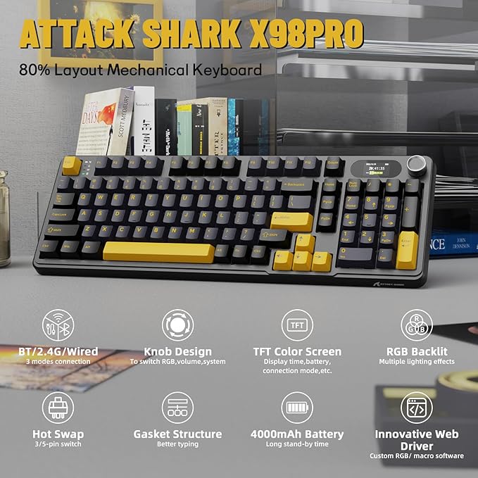 MAMBASNAKE Attack Shark X98 Pro Wireless Mechanical Keyboard with Screen & Knob, 2.4G/USB-C/BT5.0 Gasket Hot Swappable Creamy Keyboard102 Keys, Web Driver RGB Gaming Keyboard for PC/Mac/PS4/Xbox