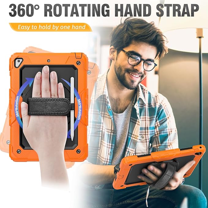 HXCASEAC Rugged Case for iPad Pro 9.7, iPad Air 2, 9.7 inch, Full Body Protective Design with Pencil Holder, Built-in Screen Protector, Rotating Stand, Hand Strap, for iPad Air 2 Hard Case (Orange)