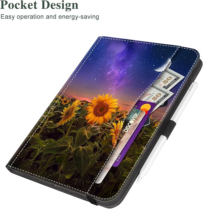 Vimorco Case for iPad (A16) 11th Generation 2025, for iPad 11th/10th Generation Case, Faux Leather Protective Adjustable Cover, Auto Sleep/Wake, Card Pocket with Pencil Holder, Starry Sunflower