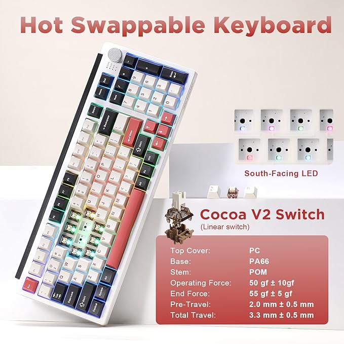 K98 Wireless Mechanical Keyboard,Tri-Mode BT5.0/2.4GHz/USB-C Hot Swappable Custom Keyboard,Gasket Structure,RGB Backlit Gaming Keyboard for Win & Mac(White&Red,Cocoa-V2 Switch)