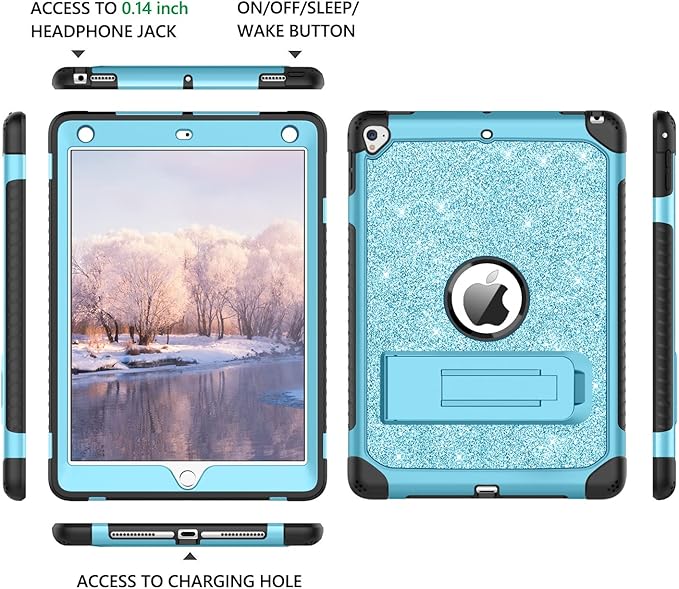 YINLAI Case for iPad 9.7 Inch,iPad 6th 5th Generation Case,iPad air 2 Case with Kickstand Holder Glitter Bling Kid Girl Women Shockproof Protective Cover for iPad 6th 5th Gen/iPad Air 2rd Gen, Blue