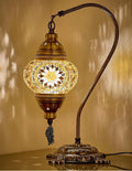 DEMMEX Turkish Moroccan Mosaic Table Lamp – Handcrafted Tiffany-Style Colorful Glass Swan Neck Bedside, Desk, Table Light, Boho Artisan Accent Lighting for Bedroom or Living Room – 15" H, Amber Brown