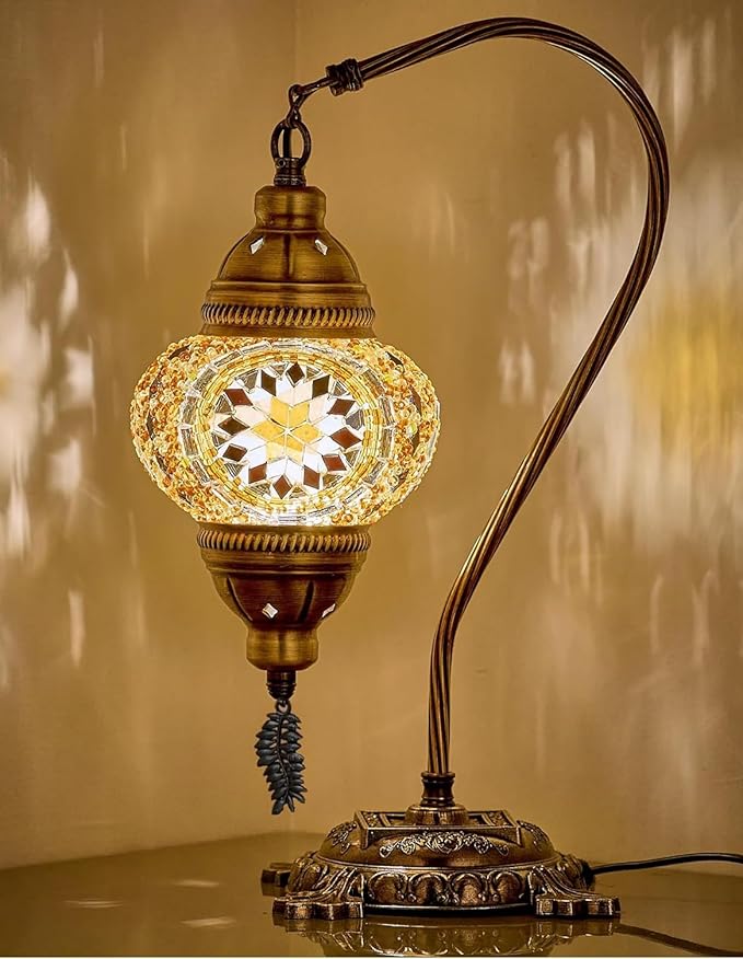 DEMMEX Turkish Moroccan Mosaic Table Lamp – Handcrafted Tiffany-Style Colorful Glass Swan Neck Bedside, Desk, Table Light, Boho Artisan Accent Lighting for Bedroom or Living Room – 15" H, Amber Brown