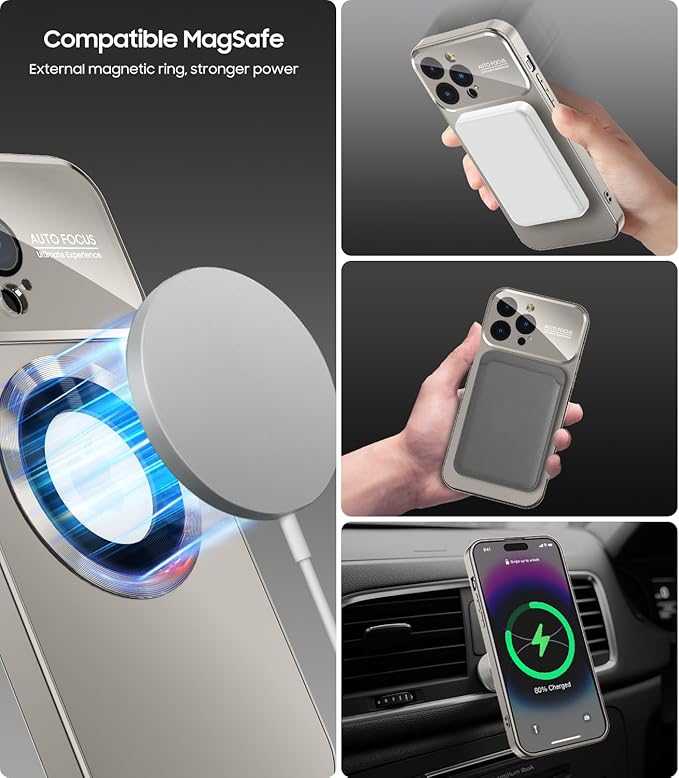 MAKAVO Magnetic for iPhone 12 Pro Max Case, Compatible with MagSafe, Built-in Camera Lens Protector, Logo View, Military Grade Drop Proof Phone Case Cover, Titanium Gray