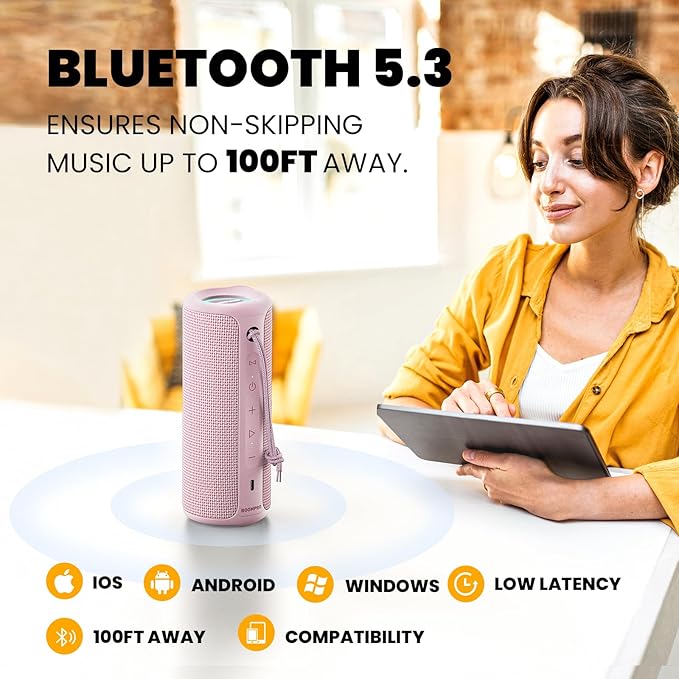 MIATONE Bluetooth Speakers 36W TWS Portable Speaker with Stereo Sound Bass, Bluetooth 5.3 Wireless USB Type C Outdoor Festival Gifts for Mom (Pink)